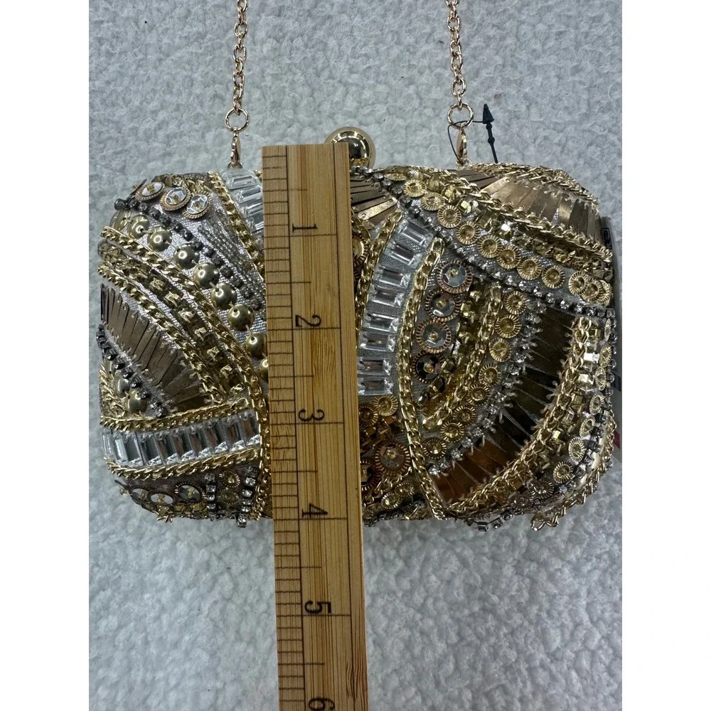 JOCELYN Embellished Gold Silver Beaded Clutch Evening Bag Chain‎ Strap INC